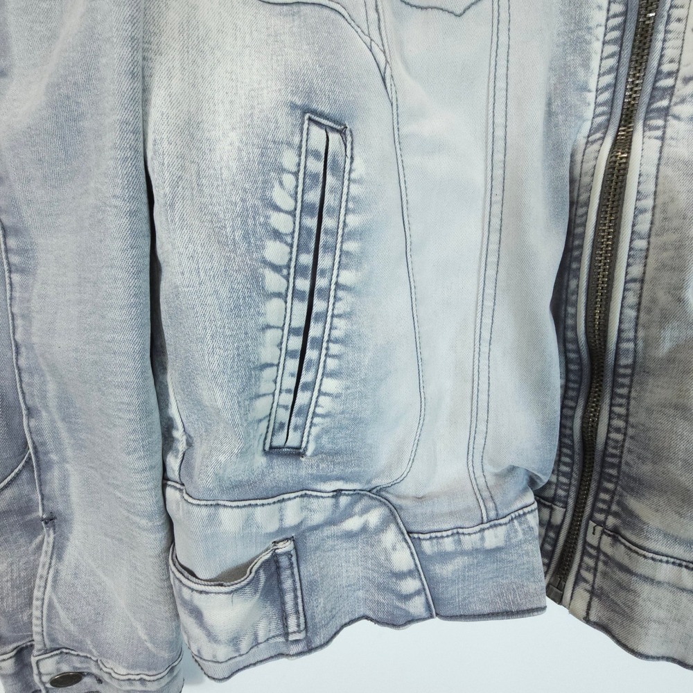 Smoke Rise Denim Jacket Mens Medium Blue Streetwear Y2K Distressed Moto Zip Up - Picture 5 of 11